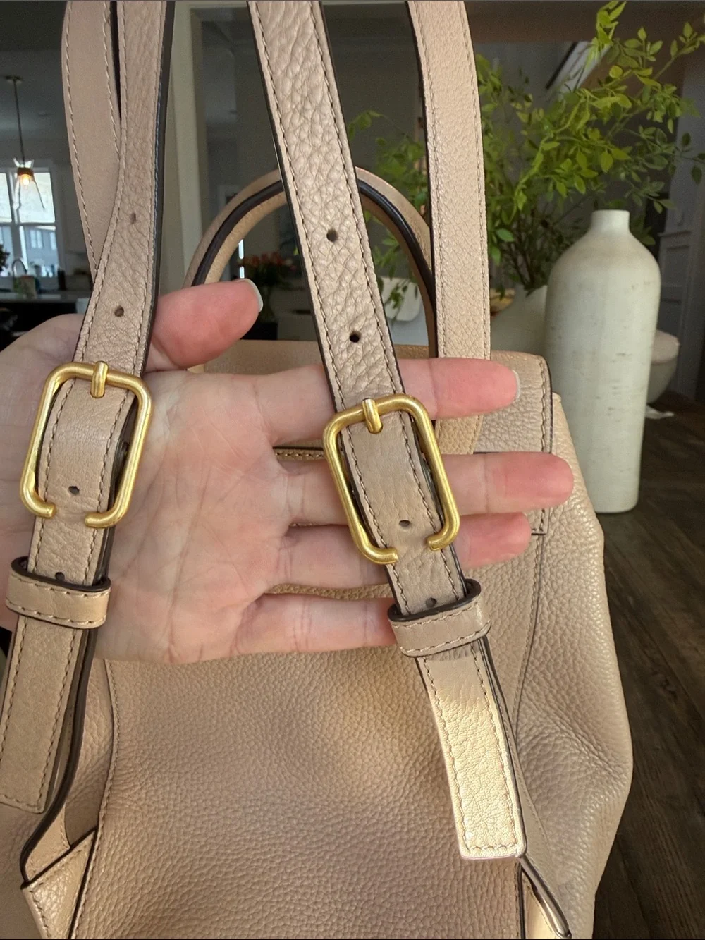 Tory Burch Pebbled Leather Tassel Backpack in Light Beige